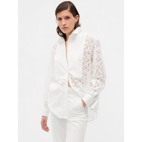 NEW Gap Womens Large White Lace Bib Big Shirt Button Up Long Sleeve Blouse Top - Picture 1 of 16